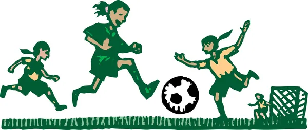 Illustrazione Woodcut di bambini che giocano a calcio — Vettoriale Stock