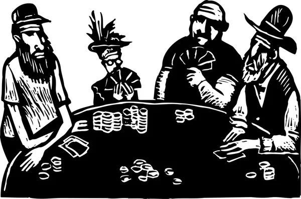 Woodcut Ilustración de la mujer mayor jugando al póquer con hombres de aspecto duro — Vector de stock