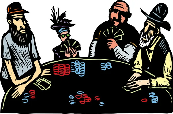 Woodcut Ilustração da mulher sênior jogando poker com homens de aparência áspera —  Vetores de Stock