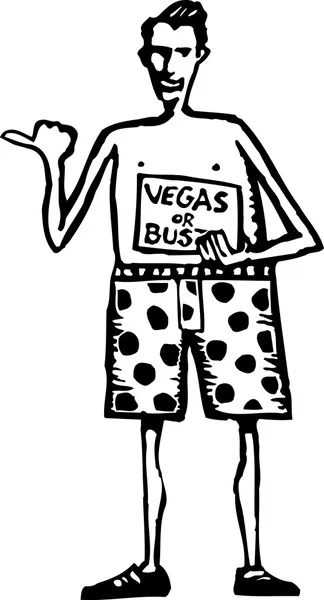 Woodcut Illustration of Man in Underwear Hitchhiking to Las Vegas — Stock Vector