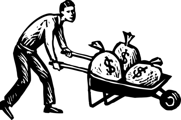 Woodcut Ilustração do homem com carrinho de mão cheio de dinheiro — Vetor de Stock