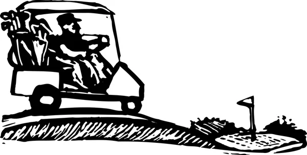 Woodcut Illustration de l'homme dans une voiturette de golf sur un terrain de golf — Image vectorielle