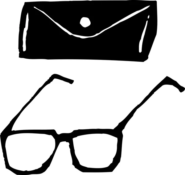 Ilustración Woodcut de gafas y estuche — Vector de stock