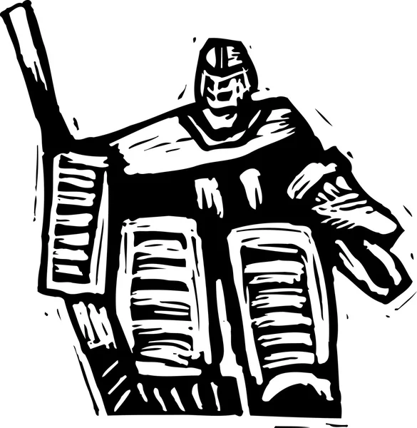 Woodcut Ilustración de portero de hockey — Vector de stock