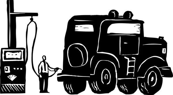 Woodcut Ilustración del hombre poniendo gas en el gigante de gas Guzzler SUV — Archivo Imágenes Vectoriales