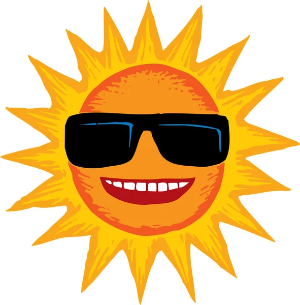 Träsnitt illustration av solen bär solglasögon — Stock vektor