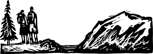 Gravure sur bois Illustration de randonneurs jouissant d'une vue depuis Bluff — Image vectorielle