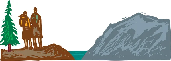 Dřevoryt ilustrace turisty těší pohled z útesu — Stockový vektor