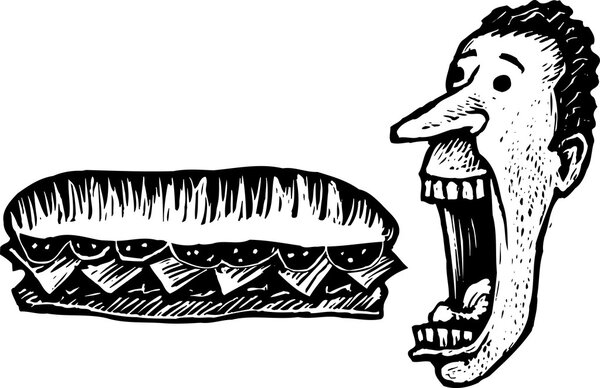 Woodcut Illustration of Man Eating Giant Submarine Sandwich
