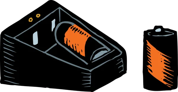 Újratölthető akkumulátor és töltő akkumulátor fametszet illusztrációja — Stock Vector