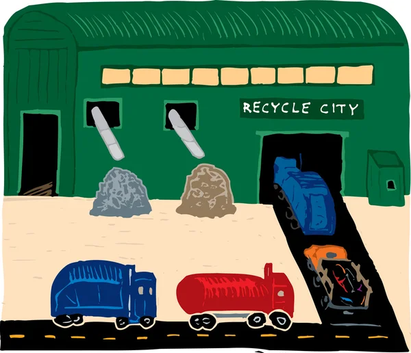 Dřevoryt ilustrace recyklaci centra — Stockový vektor