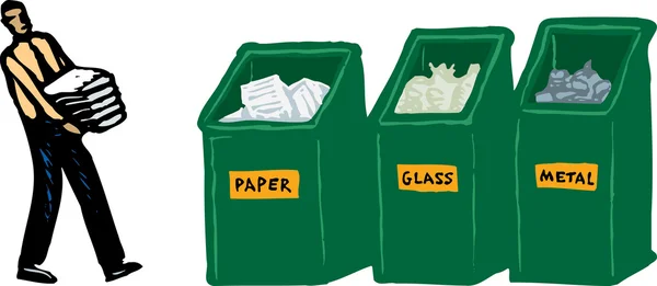 Ilustración de Woodcut del hombre que lleva periódicos a la papelera de reciclaje — Vector de stock