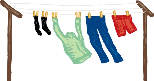 Woodcut Ilustração de Roupas Secagem no Clothesline — Vetor de Stock