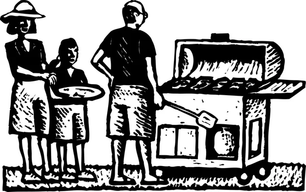 Houtsnede illustratie van man grillen op de barbecue — Stockvector
