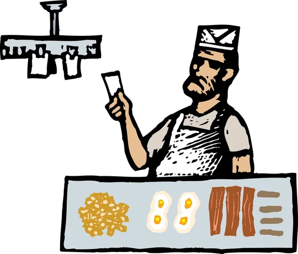 Illustration de gravure sur bois du chef grill ou du cuisinier à la commande courte — Image vectorielle