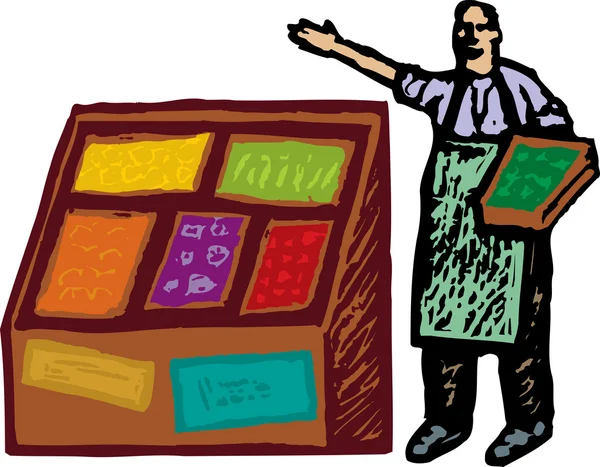 Holzschnitt-Illustration eines Lebensmittelhändlers — Stockvektor