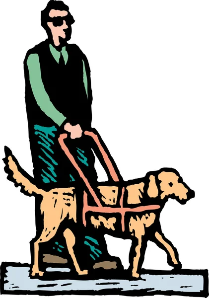 Illustration de gravure sur bois d'un homme handicapé visuel avec chien-guide ou chien d'assistance — Image vectorielle