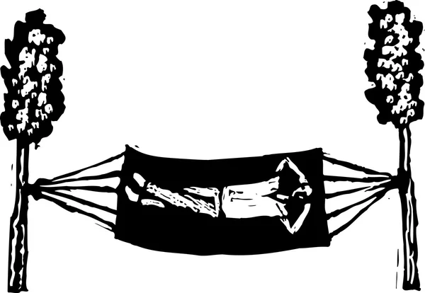 Dřevoryt ilustrace člověka relaxační na houpací síť — Stockový vektor