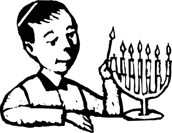 Träsnitt illustration av judisk pojke belysning hanukkah menorah — Stock vektor