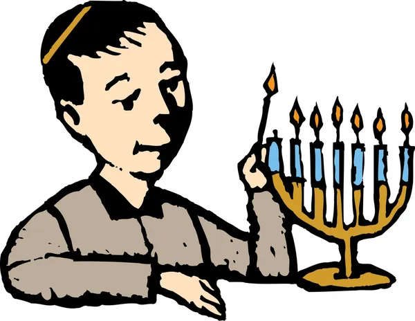 Träsnitt illustration av judisk pojke belysning hanukkah menorah — Stock vektor