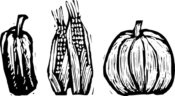 Woodcut Illustration of Fall Harvest Vegetables — Stock Vector
