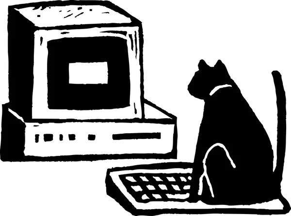 Drzeworyt ilustracja Kot siedzi na klawiaturze komputera — Wektor stockowy