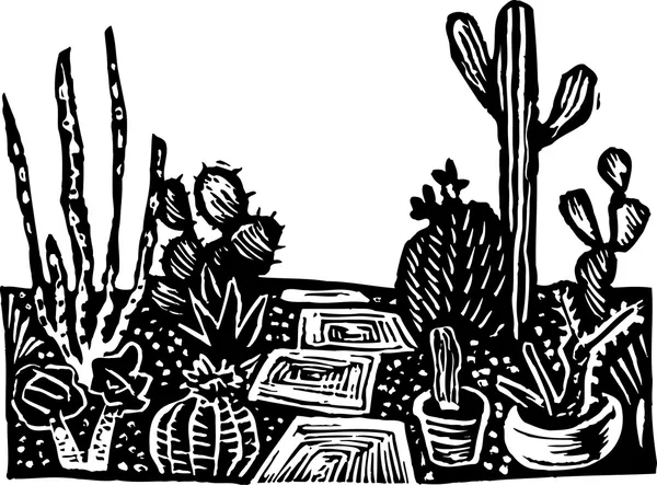 Woodcut Ilustração de Cactus Garden — Vetor de Stock