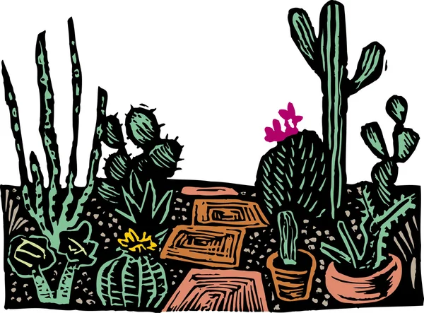 Woodcut Ilustración de Cactus Garden — Vector de stock