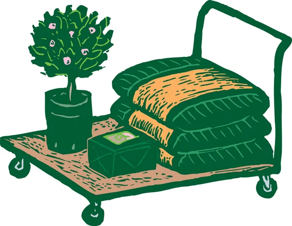 Illustrazione di Woodcut del carretto del flatbed alla scuola materna con le forniture del giardino — Vettoriale Stock