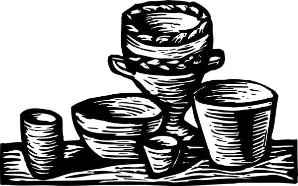 Woodcut Illustration of Pots — Stock Vector