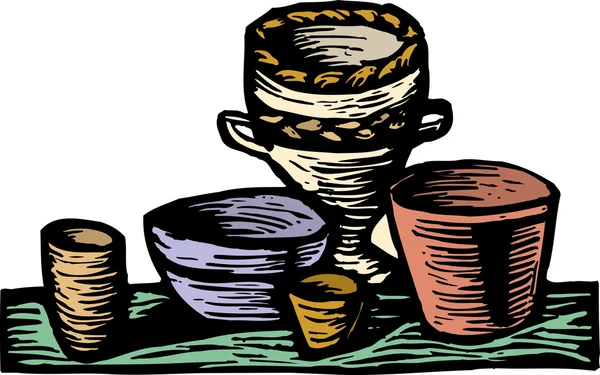 Woodcut Illustration of Pots — Stock Vector