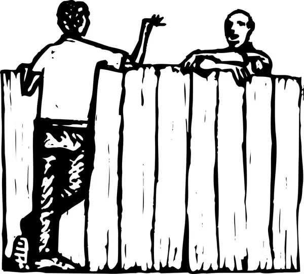 Woodcut ilustração de homens vizinhos falando sobre cerca — Vetor de Stock