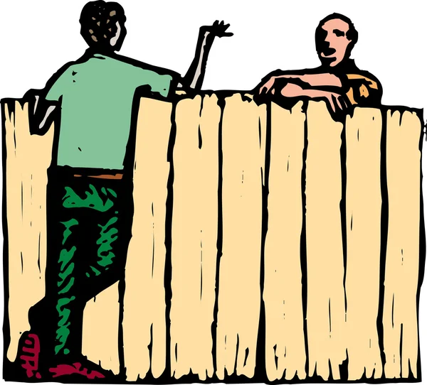 Woodcut Illustration of Men Neighbors Talking Over Fence — Stock Vector