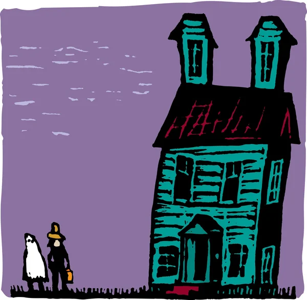 Holzschnitt-Illustration eines Geisterhauses zu Halloween — Stockvektor