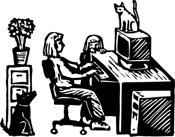 Black and white vector illustration of woman working from home — Stock Vector