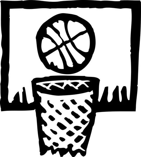 Black and white vector illustration of basket ball and a hoop — Stock Vector