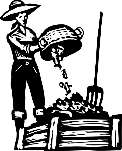 Woodcut Illustration of Woman Dumping Vegetation into Compost Pile — Stock Illustration Woodcut Illustration of Woman Dumping Vegetation into Compost Pile Vector Graphics