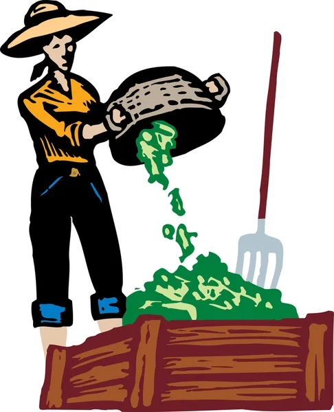 Woodcut Illustration of Woman Dumping Vegetation into Compost Pile — Stock Illustration Woodcut Illustration of Woman Dumping Vegetation into Compost Pile Royalty Free Stock Illustrations