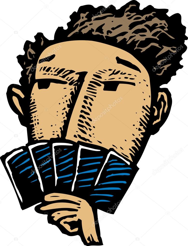 Woodcut Illustration of Man with Good Pokerface Playing Poker