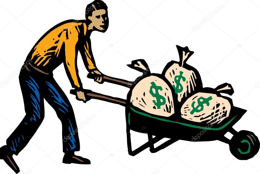 Woodcut Illustration of Man with Wheelbarrow Full of Money