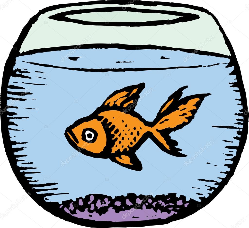 Woodcut Illustration of Goldfish in Bowl