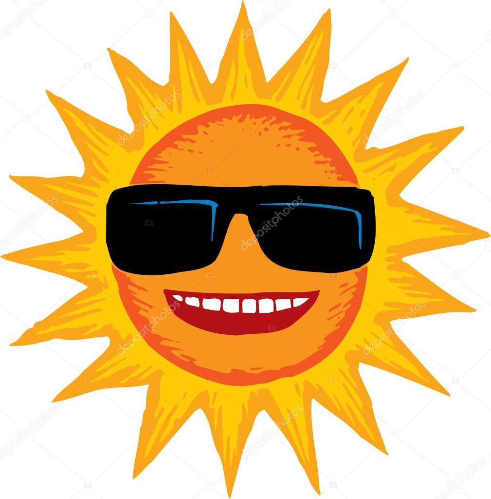 Woodcut Illustration of Sun Wearing Sunglasses