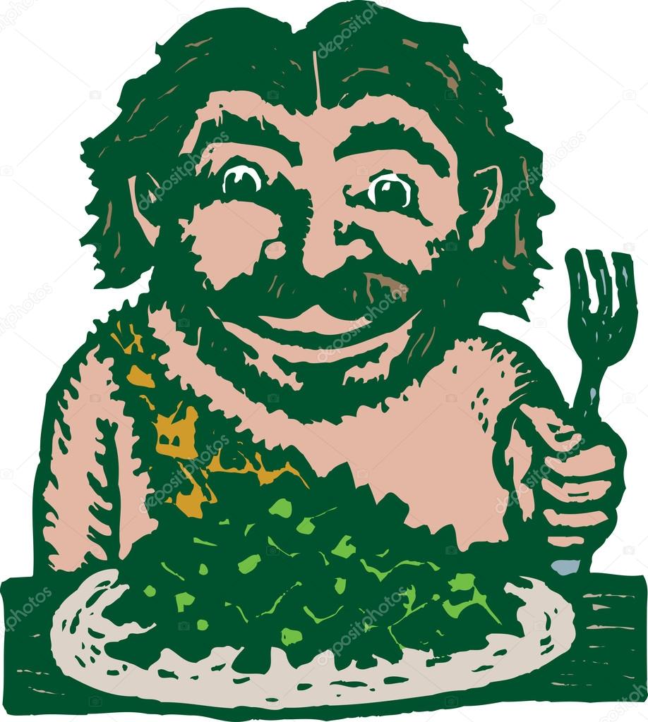 Woodcut Illustration of Caveman Eating His Greens