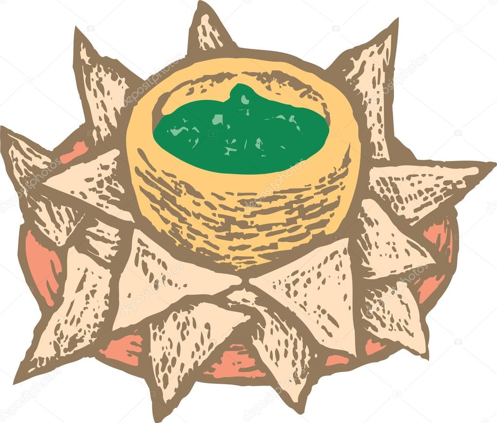 Woodcut Illustration of Bowl of Guacamole with Corn Tortilla Chips