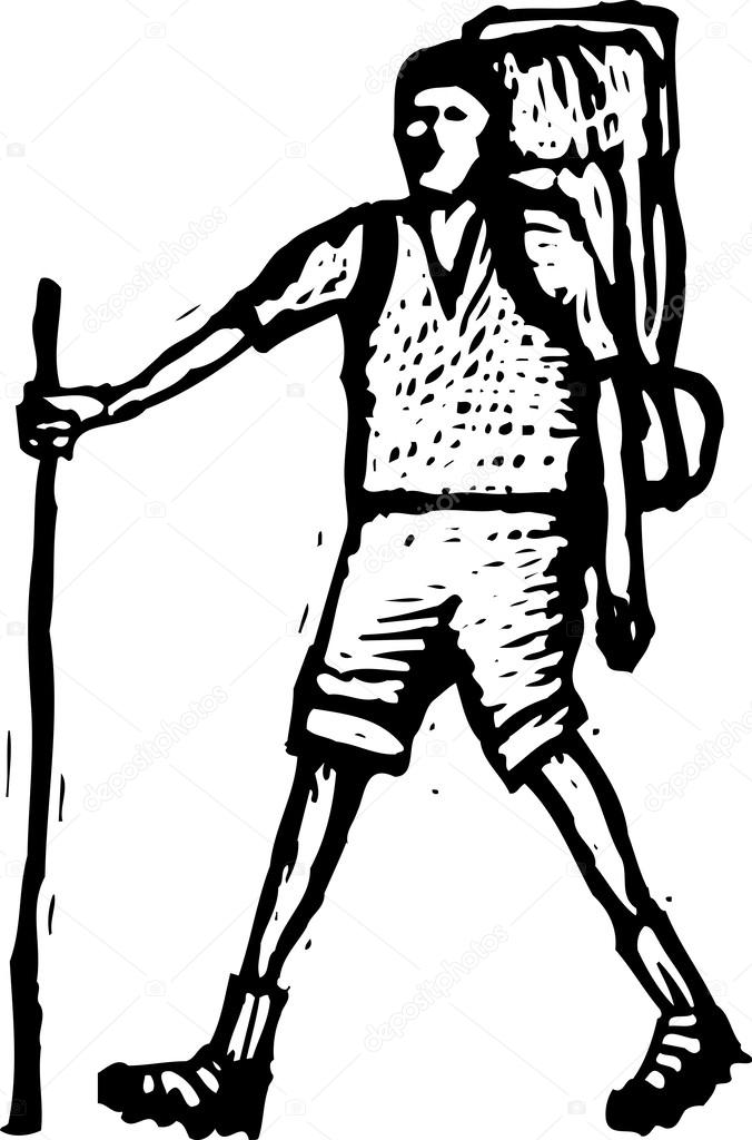 Woodcut Illustration of Man Hiking