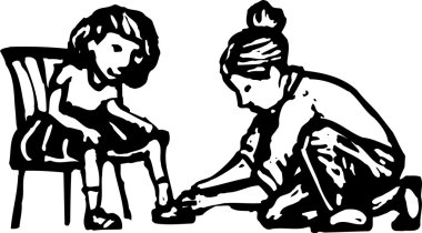 Anne kızının ayakkabı bağlama gravür çizimi