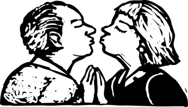Woodcut Illustration of Senior Couple Kissing clipart