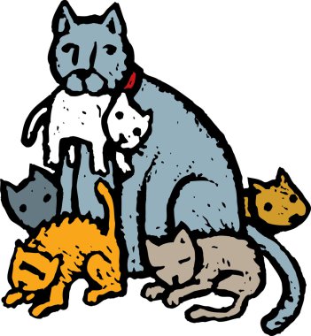 Anne kedi yavru kedi ile gravür çizimi