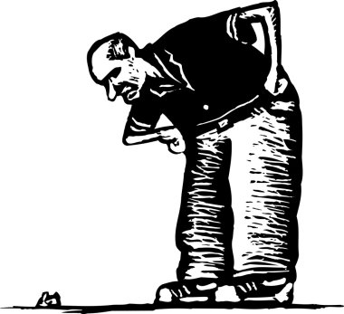 Woodcut Illustration of Old Senior Man Bending Over Looking at Dog Poop clipart