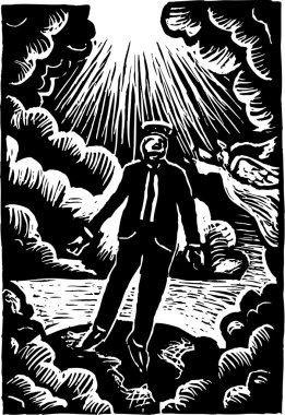 Woodcut Illustration of Man in Heaven clipart